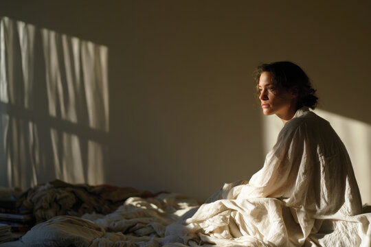 A woman sits quietly on her bed, lost in thought, illuminated by gentle sunlight, capturing introspection, solitude, and a moment of self-reflection.