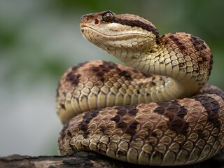 Fototapeta premium Close-up of a coiled rattlesnake on a rock in natural outdoor setting