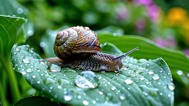 Close-up of a snail crawling across a green leaf covered in droplets of water in a lush garden