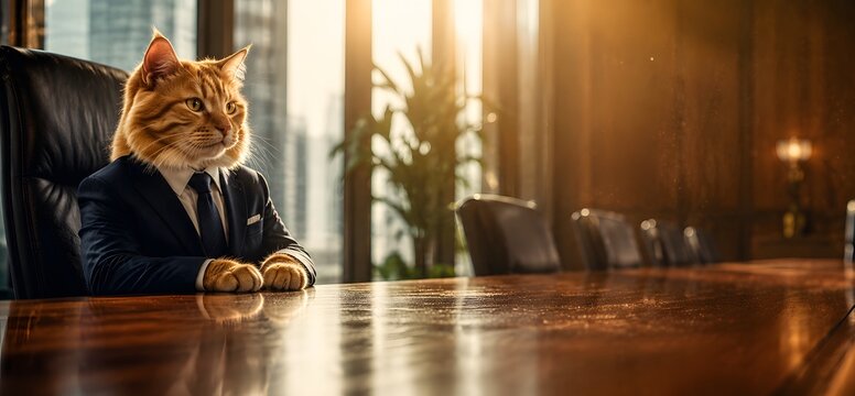 Cinematic concept shot of anthropomorphic ginger main coon cat in business suit sitting at conference table in executive boardroom, premium corporate leader and office humor banner 