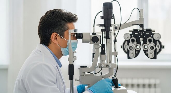 Optometrist performing a detailed eye examination using a specialized slit lamp microscope in a clinical setting.