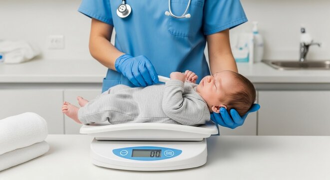 Pediatric nurse carefully measures the weight of a sleeping infant on a digital scale in a clinic.