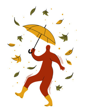 Autumn Umbrella Walk Vector Clip Art