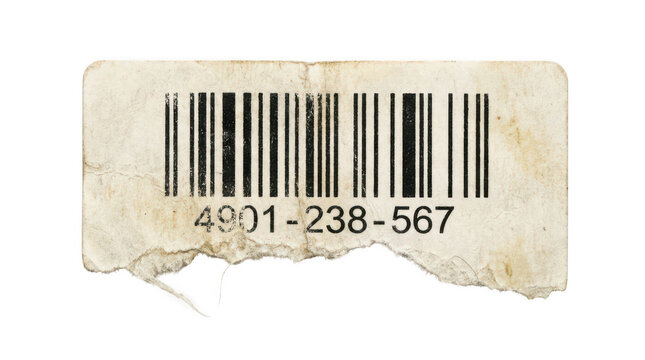 Old weathered paper price tag with a black barcode isolated on transparent background