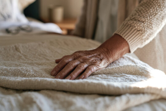 An elderly hand gently resting on a textured blanket, showcasing serenity and the quiet beauty of life's simple pleasures in a soft, inviting setting.