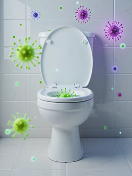 Concept of bacteria and virus germs spreading around a dirty toilet bowl in a bathroom