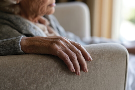 Captured close-up of an elderly hand resting on a couch armrest, representing serenity, comfort, and the emotional depth of life's quiet moments within a warm interior.