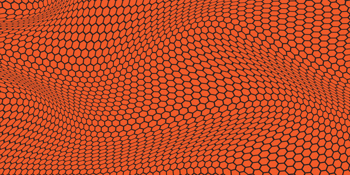 Distorted orange hexagon pattern background, distorted 3D optical illusion grid design for backdrop.