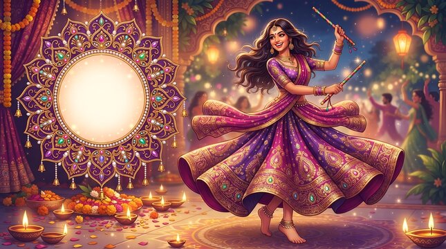 Beautiful woman dancing dandiya in purple lehenga next to ornate mandala frame isolated on white background