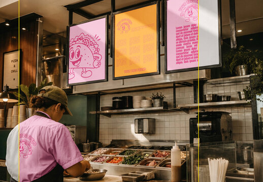 Restaurant Menu Board and Staff Uniform Mockup