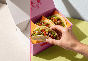 Taco Food Packaging Box Mockup with Hand