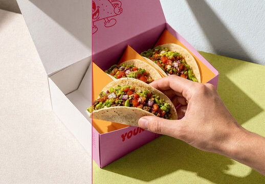 Taco Food Packaging Box Mockup with Hand