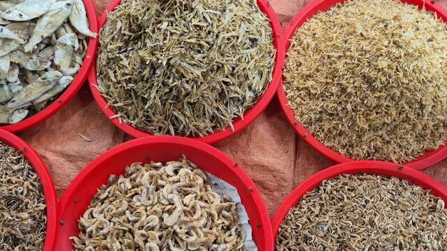 Dried Fish and Dried Shrimp Displayed in Red Bowls at Village Market Video