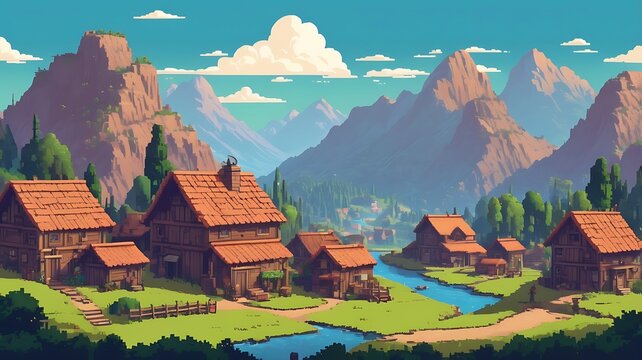 Village at the base of pixel mountains in 8-bit style
