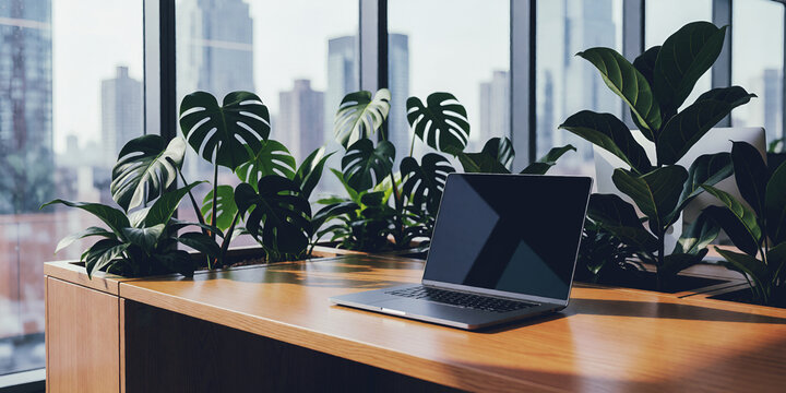 Interno di moderno e modulare ufficio in ambiente urbano  luminoso e minimalista con scrivania e computer portatile