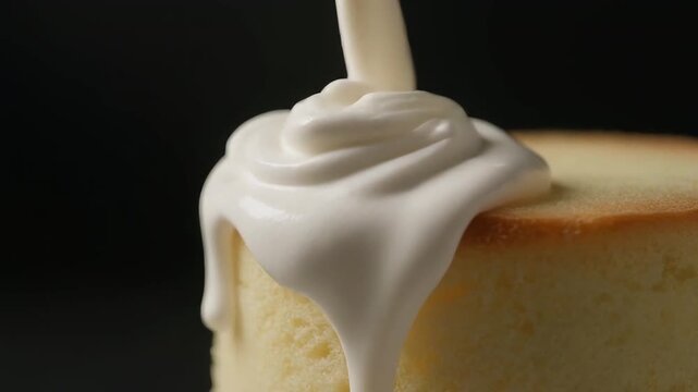 Extreme macro video of cream being drizzled onto a freshly cut butter cake with intense studio contrast, high key lighting, and detailed textures of cake fibers absorbing the cream