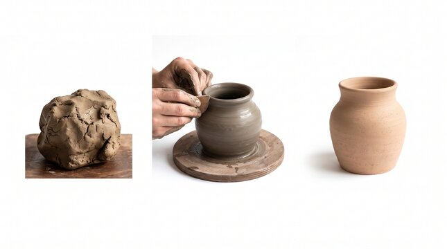 Pottery creation process showing a rough lump of gray clay transforming through human hands into a smooth ceramic vase on a spinning wooden wheel under bright studio lights.