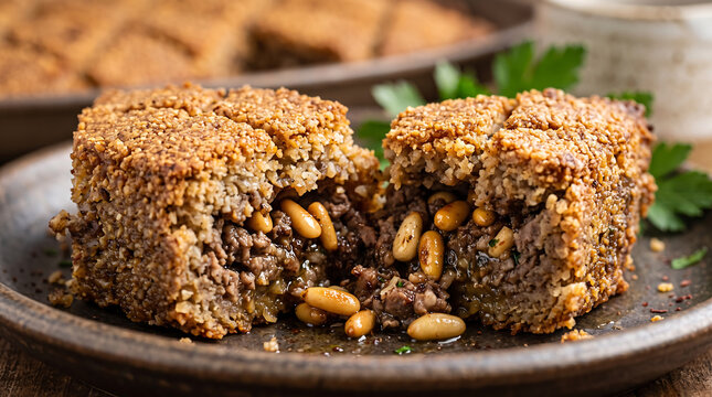 Slice of Baked Middle Eastern Kibbeh Bil Sanieh Stuffed with Minced Meat and Toasted Pine Nuts Close-Up
