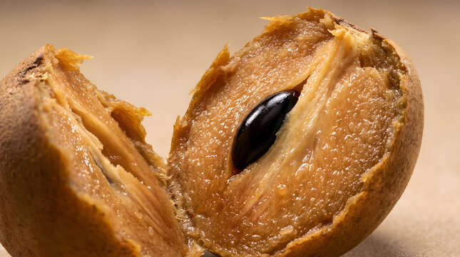 Macro close up of a fresh sapodilla fruit torn in half, revealing its sweet juicy brown flesh and shiny black seed