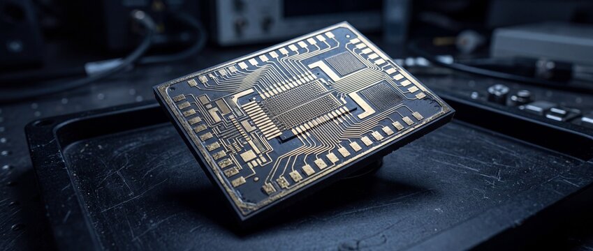 Complex electronic circuit board chip with intricate golden pathways and hardware components for advanced computer processing and integrated digital architecture.