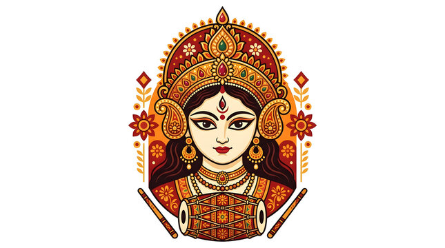 Goddess Durga illustration with red and gold details for traditional Hindu festival decor.