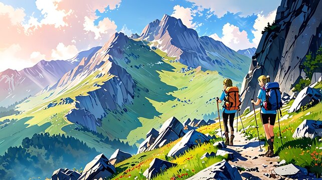 Watercolor anime style Alps mountain hiking