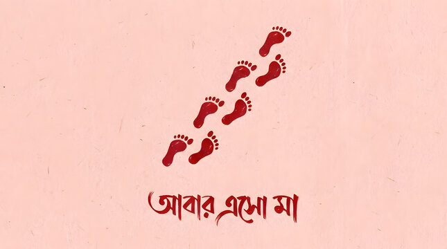 Red footprints of Goddess Lakshmi with Bengali text Abar Eso Ma for Bijoya Dashami wishes.