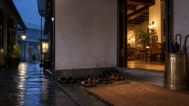 Moody urban alleyway at night, wet cobblestones reflecting soft artificial lighting, mysterious and atmospheric setting, perfect for cinematic storytelling or moody editorial content