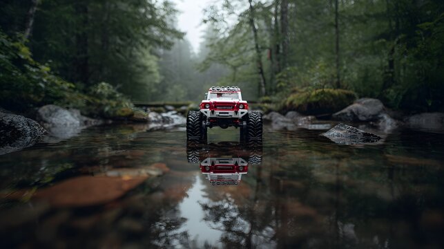 Off-road monster truck crossing a shallow river in dense forest setting