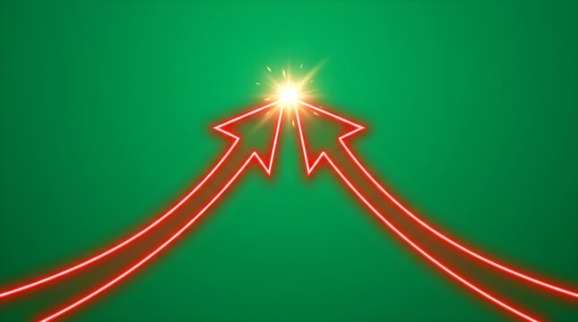 Two curved red arrows converging at a bright glowing point on a green background