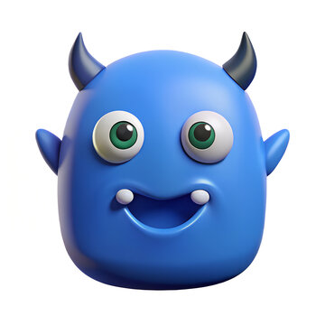 Blue friendly cartoon devil with horns and big eyes