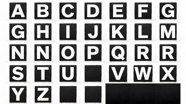 Graphic bold white sans-serif English alphabet letters printed on textured black square fabric patches arranged in a neat grid pattern layout isolated on an empty seamless bright white background