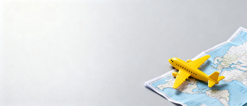 Bright yellow toy airplane on unfolded world map for travel inspiration