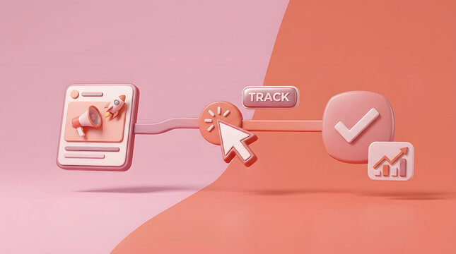 Digital marketing tracking, conversion rate optimization and sales funnel with megaphone, rocket and click. Online success, analytics and performance growth for advertising and social media strategy.