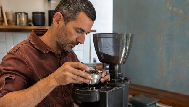 A man is carefully grinding coffee beans with a manual burr grinder, a close up view of coffee preparation, artisanal morning routine for perfect brew