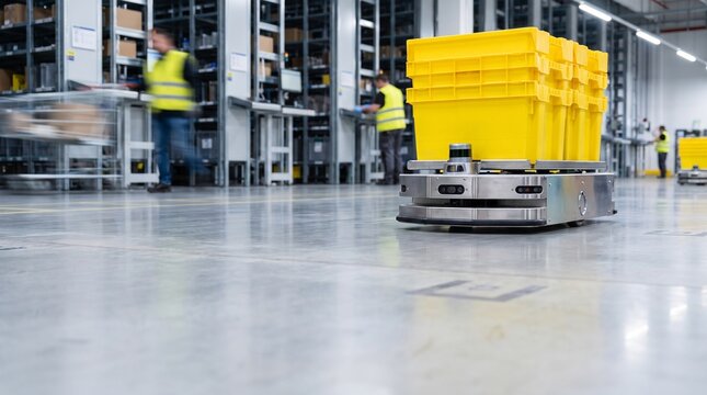 Autonomous Mobile Robot AMR Transporting Goods in Automated Logistics Fulfillment Center with Copy Space