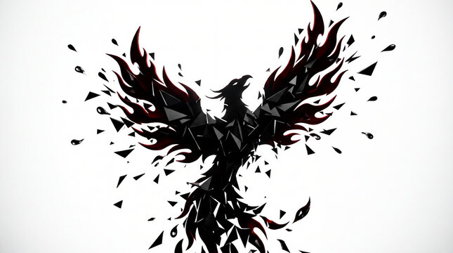 Abstract Black and Red Geometric Phoenix Rising on White Background