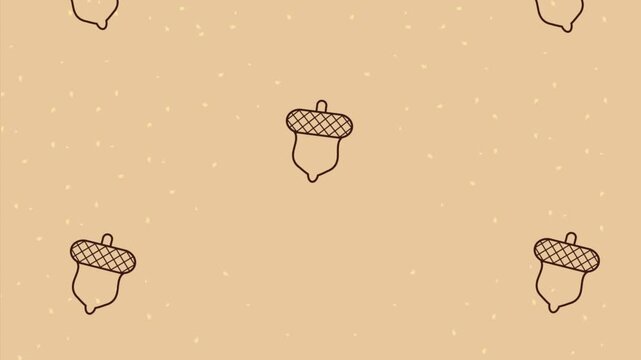 Animated background with falling line art acorn patterns on warm tan backdrop for autumn season designs.