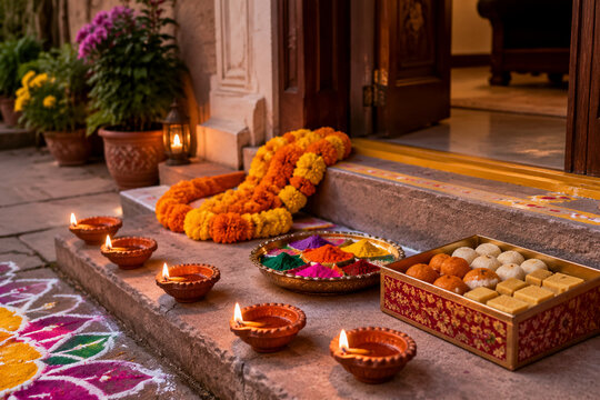 Clay diya lamps, marigold garland, rangoli powders, and Indian sweets for Diwali celebration