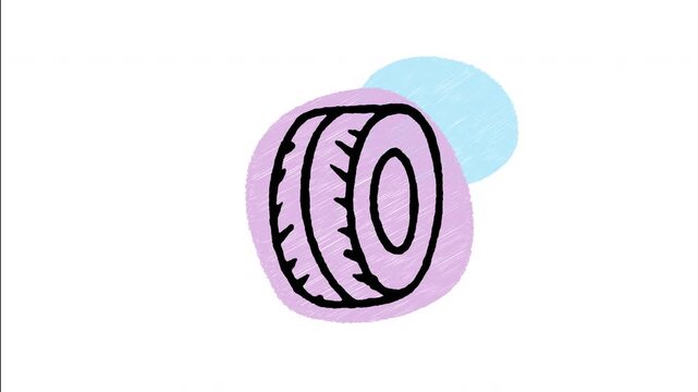 An animated hand-drawn rubber car tire with deep tread patterns. Ideal for tire replacement shops, wheel alignment, tire pressure checks, and automotive parts. 