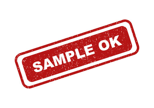 Red rectangular rubber stamp with text saying sample ok in grunge style