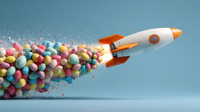White and orange toy rocket launching colorful confetti and candy sprinkles on light blue background