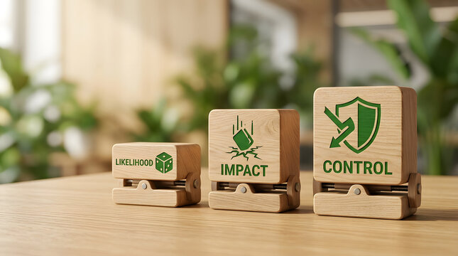 Risk management, assessment and wooden blocks for business strategy, safety and corporate policy. Likelihood, impact and control signs on desk for insurance, hazard evaluation and security plans
