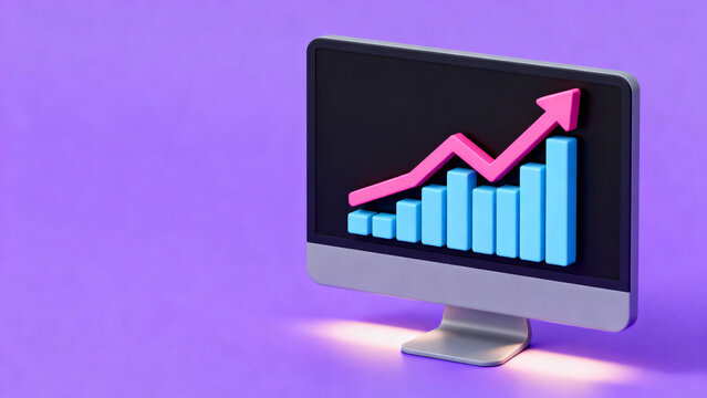 Modern computer monitor displaying upward growth bar chart with upward arrow