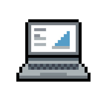 Pixel art laptop displaying growth chart and dashboard illustration