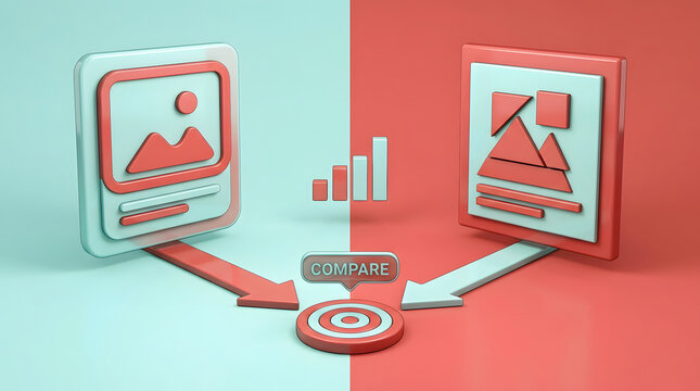 A/B testing, content comparison and optimization with analytics for marketing, conversion and website growth. Digital marketing, split test and improvement with target, arrows and chart metrics.