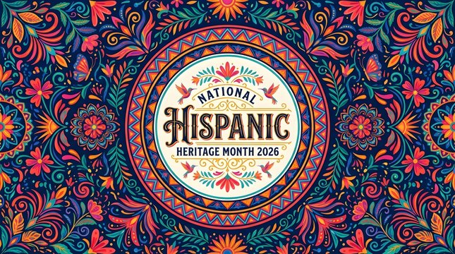 National Hispanic Heritage Month 2026 greeting banner with colorful traditional folk art floral background