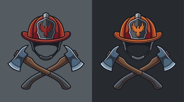 This image showcases a detailed firefighter helmet crossed with axes, symbolizing bravery and the essential tools of fire rescue operations, presented with a modern, bold style.