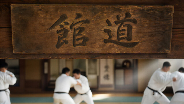 Wooden sign with Japanese calligraphy framing blurred martial artists training in a dojo. Men in white uniforms practicing judo grappling techniques