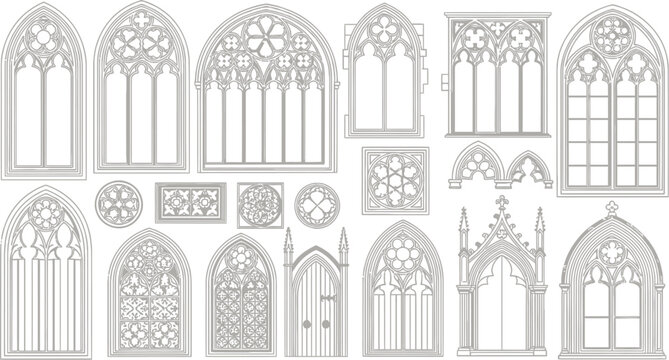 Gothic window frames set, medieval cathedral arch collection, 18 white stone architectural elements for church design, vintage building vectors
